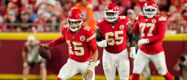 Kansas City Chiefs quarterback Patrick Mahomes (15) runs the ball during the first half against the Denver Broncos at Arrowhead Stadium. Mandatory Credit: Jay Biggerstaff-Imagn Images