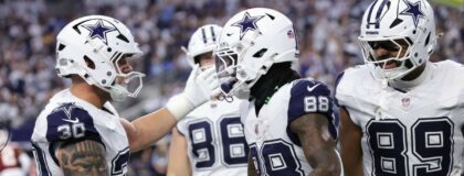 Dallas Cowboys wide receiver CeeDee Lamb (88) celebrates with tight end Brevyn Spann-Ford (89) and fullback Hunter Luepke (30) after catching a three-yard touchdown pass thrown by quarterback Dak Prescott (not pictured) against the Washington Commanders during the first quarter at AT&T Stadium. Mandatory Credit: Kevin Jairaj-Imagn Images