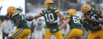 Green Bay Packers quarterback Jordan Love (10) throws from the pocket against the New York Jets during overtime at MetLife Stadium. Mandatory Credit: Brad Penner-Imagn Images