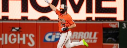 Baltimore Orioles first baseman Pete Alonso (25) celebrates a home run during the eighth inning at Oriole Park at Camden Yards. Mandatory Credit: Jamie LeBlanc-Imagn Images