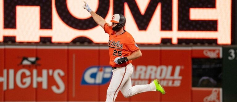 Baltimore Orioles first baseman Pete Alonso (25) celebrates a home run during the eighth inning at Oriole Park at Camden Yards. Mandatory Credit: Jamie LeBlanc-Imagn Images