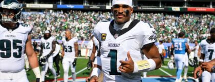 Philadelphia Eagles quarterback Jalen Hurts (1) during post game against the Tennessee Titans at Nissan Stadium. Mandatory Credit: Steve Roberts-Imagn Images