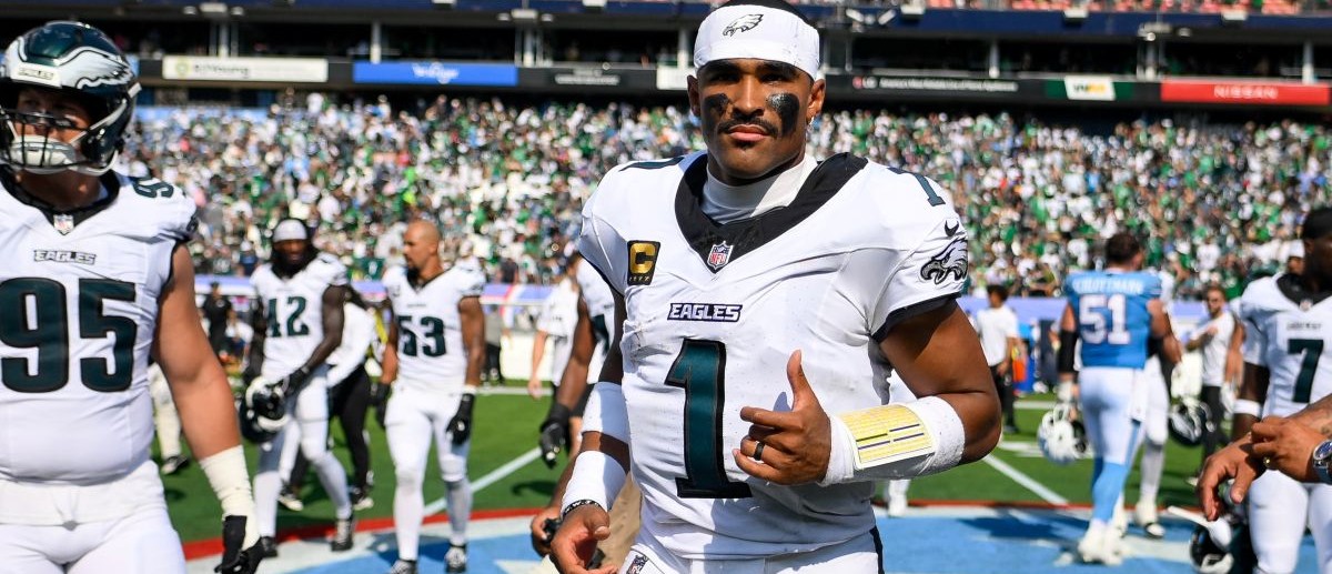 Philadelphia Eagles quarterback Jalen Hurts (1) during post game against the Tennessee Titans at Nissan Stadium. Mandatory Credit: Steve Roberts-Imagn Images