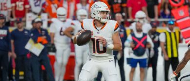 Denver Broncos quarterback Bo Nix (10) drops back to pass against the Kansas City Chiefs during the game at GEHA Field at Arrowhead Stadium. Mandatory Credit: Denny Medley-Imagn Images