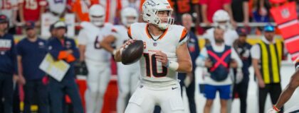 Denver Broncos quarterback Bo Nix (10) drops back to pass against the Kansas City Chiefs during the game at GEHA Field at Arrowhead Stadium. Mandatory Credit: Denny Medley-Imagn Images