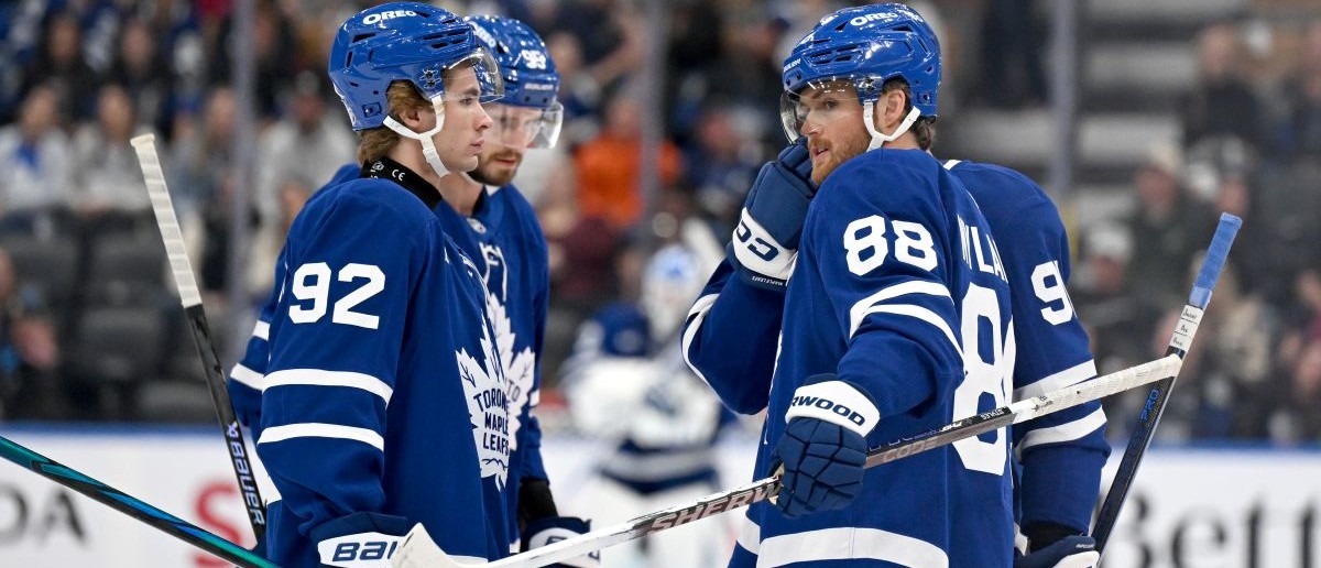 Toronto Maple Leafs forward William Nylander (88) speaks with forward Gavin McKenna (92) as they prepare for a faceoff against the Ottawa Senators in the first period at Scotiabank Arena. Mandatory Credit: Dan Hamilton-Imagn Images