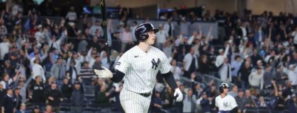 New York Yankees designated hitter Ben Rice (22) runs after hitting a grand slam home run against the Boston Red Sox during the eighth inning during game one of the Wildcard round for the 2026 MLB Playoffs at Yankee Stadium. Mandatory Credit: Brad Penner-Imagn Images