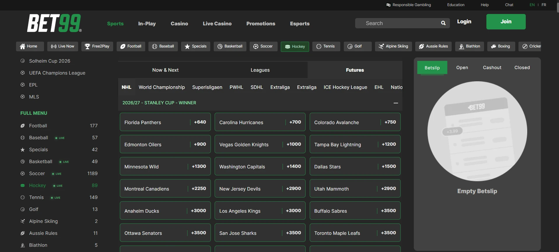 A desktop view screenshot of BET99's 2027 Stanley Cup betting page.