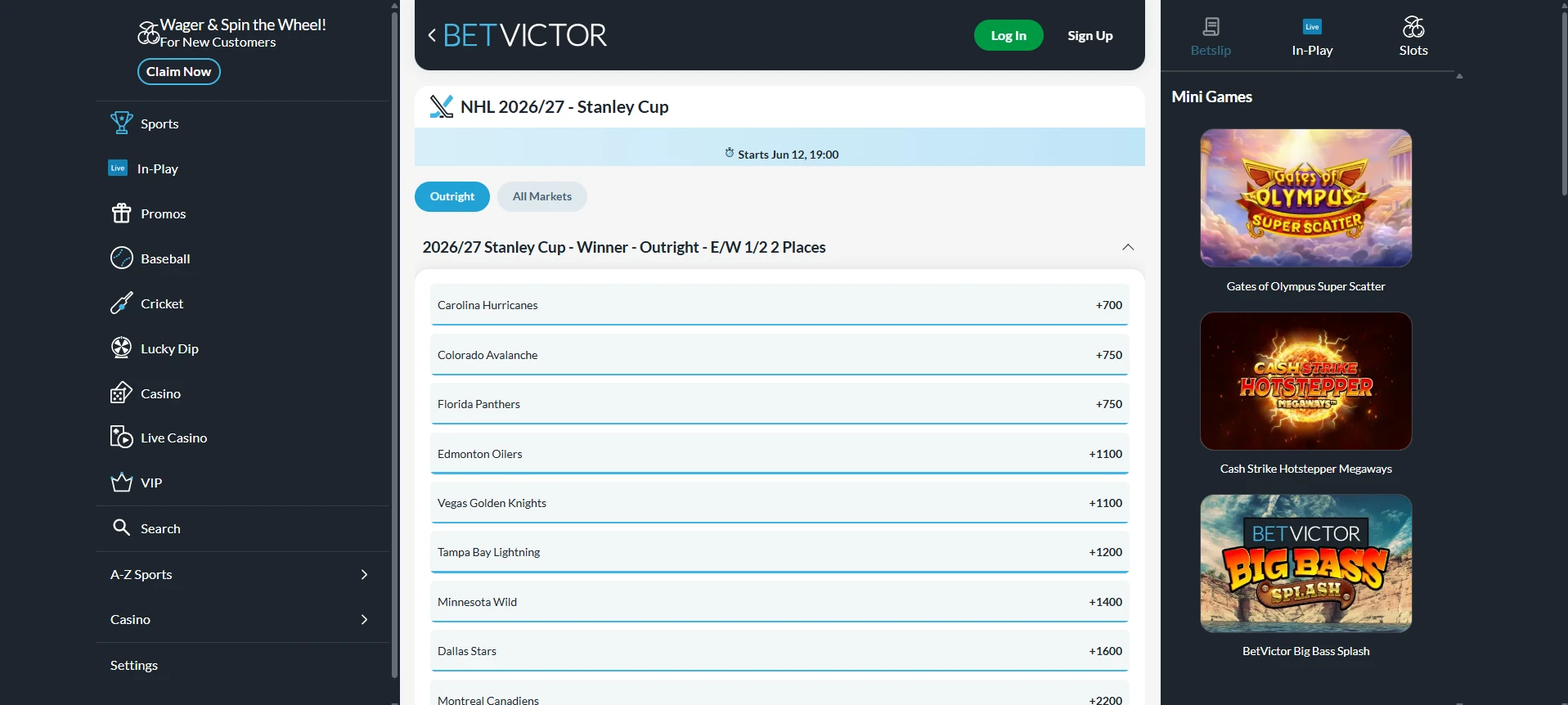 A desktop view screenshot of BetVictor's 2027 Stanley Cup betting page.