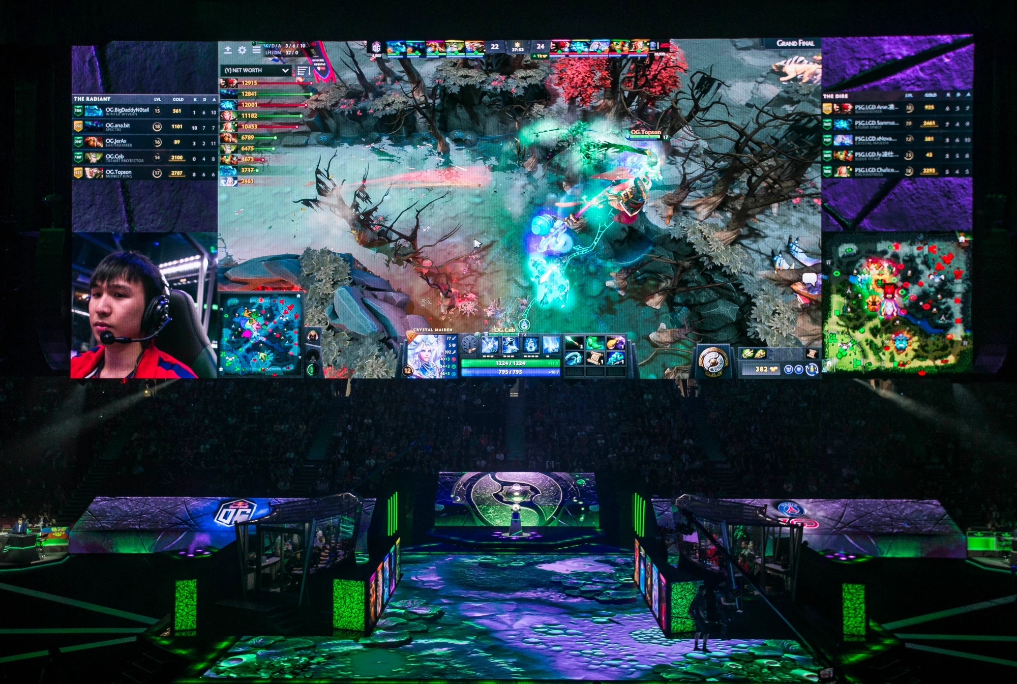 Aug 25, 2018; Vancouver, British Columbia, CAN; Team OG plays Team LGD in the Grand Final of the International Dota 2 Championships at Rogers Arena in Vancouver. The championships are eSports largest annual tournament with approximately $25 million U.S. in prize money to be awarded. Dota 2 is a free 10-player online video game with two teams of players from all over the world competing against one another in each game.