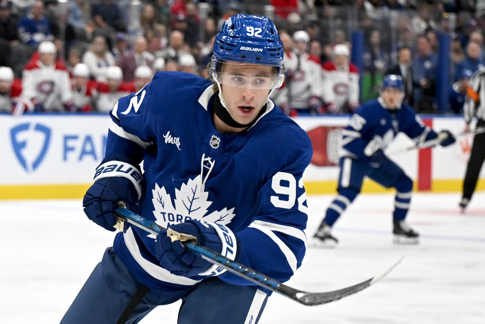 Sep 19, 2026; Toronto, Ontario, CAN; Toronto Maple Leafs forward Gavin McKenna (92) pursues the play against the Montreal Canadiens in the first period at Scotiabank Arena.