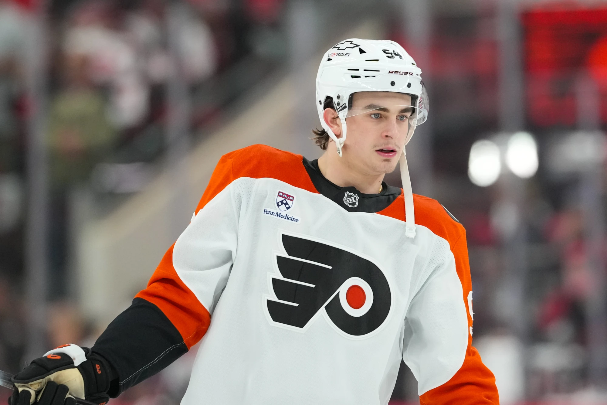 May 4, 2026; Raleigh, North Carolina, USA; Philadelphia Flyers right wing Porter Martone (94) during the warmups before the game \against the Carolina Hurricanes in game two of the second round of the 2026 Stanley Cup Playoffs at Lenovo Center.