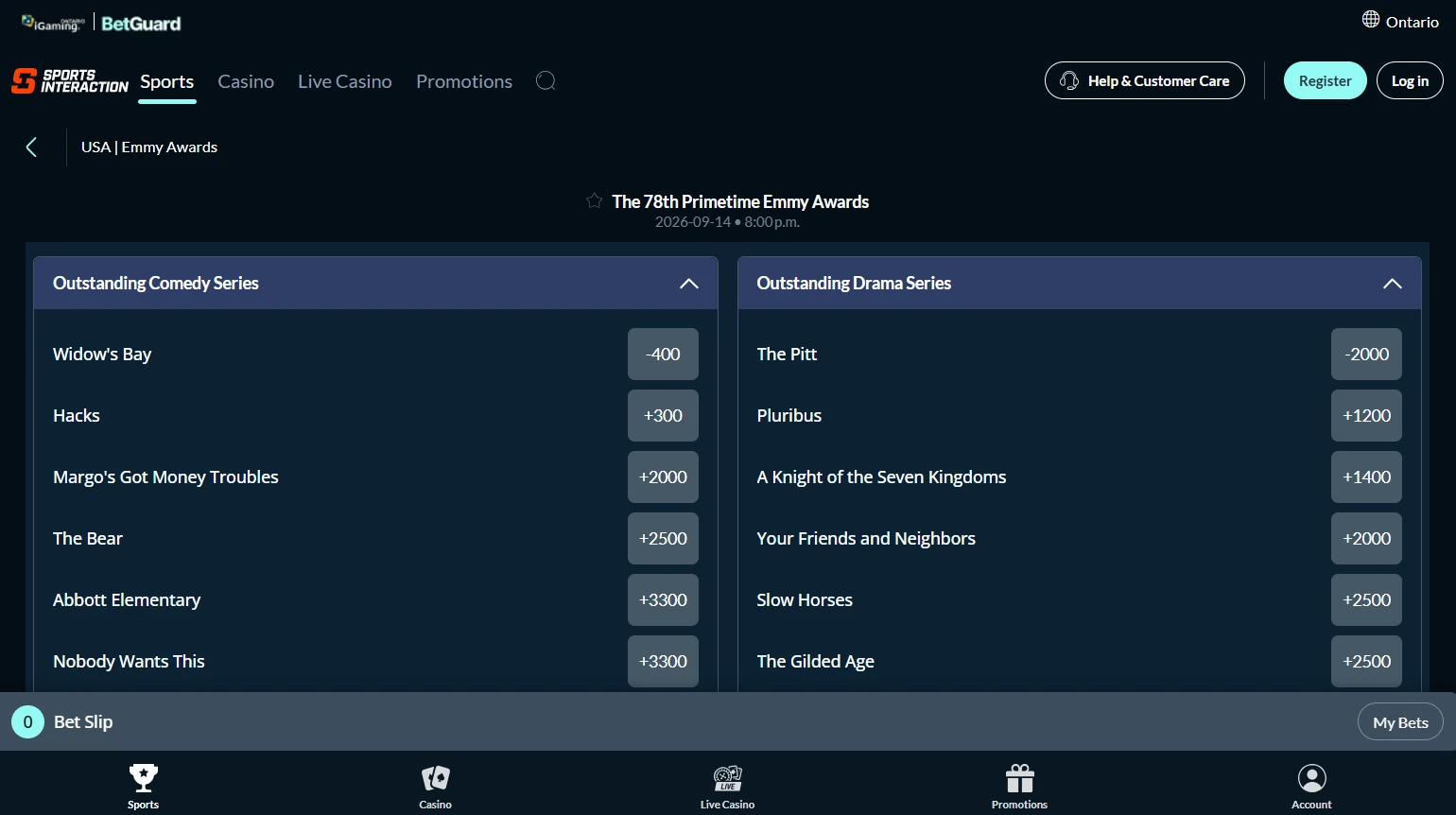 A desktop view screenshot of Sports Interaction's 2026 Emmy Awards betting odds.