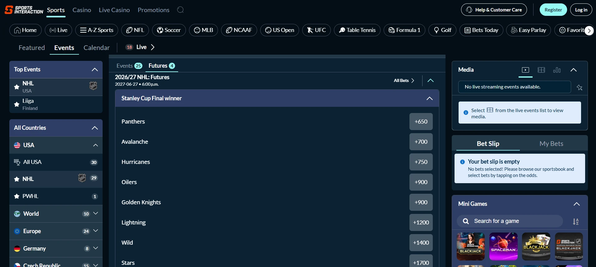 A desktop view screenshot of Sports Interaction's Stanley Cup betting page.