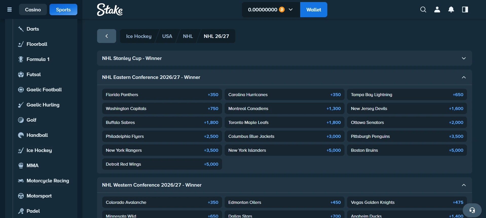 A desktop view screenshot of Stake's 2027 Stanley Cup betting page.