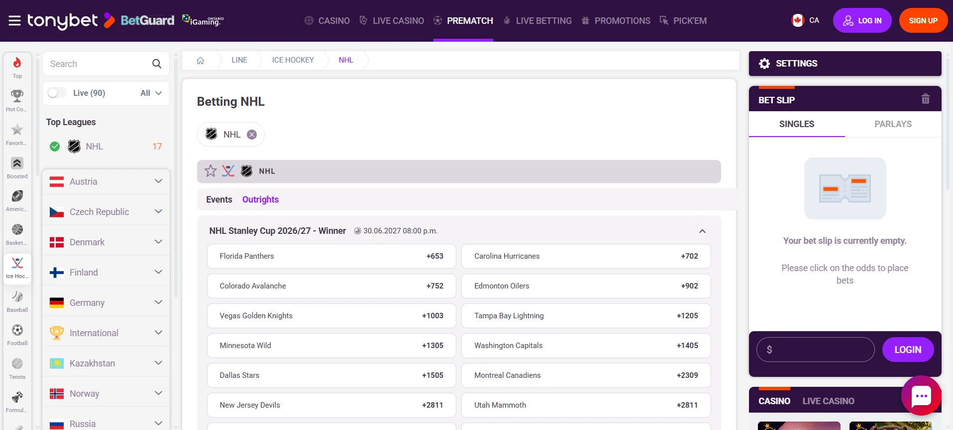 A desktop view screenshot of TonyBet's 2027 Stanley Cup odds.