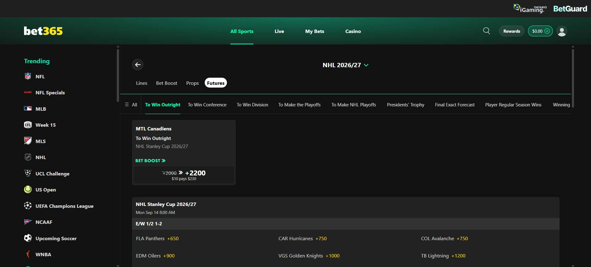 A desktop view screenshot of bet365's 2027 Stanley Cup betting page.