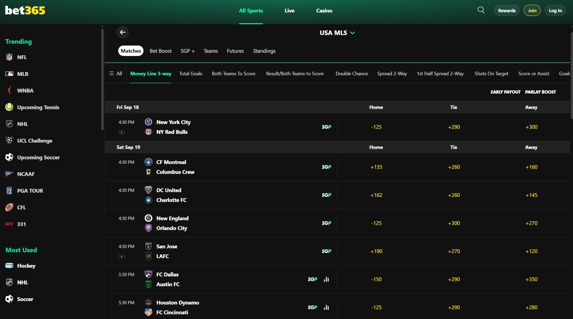 A screenshot of the desktop view of bet365's MLS betting odds.