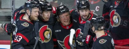 Ottawa Senators left wing Warren Foegele (37) celebrates with defenseman Nikolas Matinpalo (33)andleft wing Fabian Zetterlund (20) and defenseman Dennis Gilbert (6) and center Tim Stutzle (18) his goal scored in the third period against the New York Islanders at the Canadian Tire Centre. Mandatory Credit: Marc DesRosiers-IMAGN Images