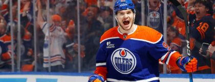 Edmonton Oilers forward Vasily Podkolzin (92) celebrates after scoring a goal during the first period against the Anaheim Ducks in game five of the first round of the 2026 Stanley Cup Playoffs at Rogers Place. Mandatory Credit: Perry Nelson-Imagn Images