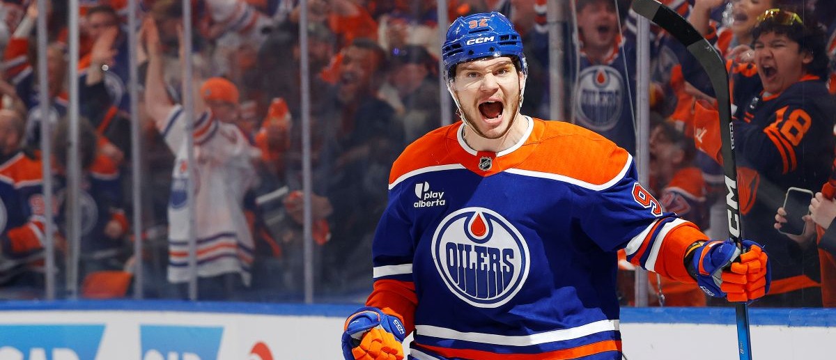 Edmonton Oilers forward Vasily Podkolzin (92) celebrates after scoring a goal during the first period against the Anaheim Ducks in game five of the first round of the 2026 Stanley Cup Playoffs at Rogers Place. Mandatory Credit: Perry Nelson-Imagn Images