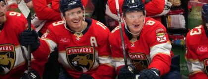 Florida Panthers left wing Matthew Tkachuk (19) and his brother, left wing Brady Tkachuk (8), sit on the bench during the third period against the Carolina Hurricanes at Amerant Bank Arena. Mandatory Credit: Jim Rassol-Imagn Images