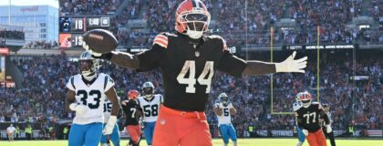 Cleveland Browns tight end Harold Fannin Jr. (44) celebrates after scoring a touchdown against the Carolina Panthers during the fourth quarter at Huntington Bank Field. Mandatory Credit: Ken Blaze-Imagn Images