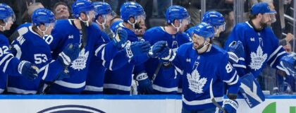 Toronto Maples Leafs right wing Kirill Marchenko (86) celebrates at the bench after scoring goal against the Ottawa Senators during the second period at Scotiabank Arena. Mandatory Credit: Nick Turchiaro-Imagn Images
