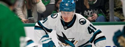 San Jose Sharks left wing Ivar Stenberg (41) skates against the Dallas Stars during the first period at the American Airlines Center. Mandatory Credit: Jerome Miron-Imagn Images