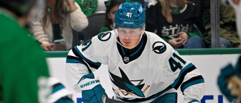San Jose Sharks left wing Ivar Stenberg (41) skates against the Dallas Stars during the first period at the American Airlines Center. Mandatory Credit: Jerome Miron-Imagn Images
