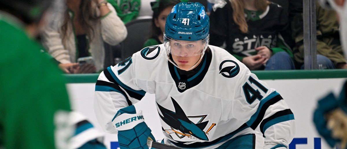 San Jose Sharks left wing Ivar Stenberg (41) skates against the Dallas Stars during the first period at the American Airlines Center. Mandatory Credit: Jerome Miron-Imagn Images