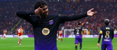 UEFA Champions League - Galatasaray v FC Barcelona - Rams Park, Istanbul, Turkey - October 13, 2026 FC Barcelona's Lamine Yamal celebrates their third goal, scored by Anthony Gordon REUTERS/Dilara Senkaya