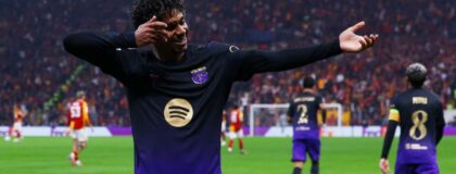 UEFA Champions League - Galatasaray v FC Barcelona - Rams Park, Istanbul, Turkey - October 13, 2026 FC Barcelona's Lamine Yamal celebrates their third goal, scored by Anthony Gordon REUTERS/Dilara Senkaya