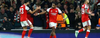 UEFA Champions League - Arsenal v Lille - Emirates Stadium, London, Britain - October 13, 2026 Arsenal's Jurrien Timber celebrates scoring their first goal with Mikel Merino REUTERS/Hannah Mckay