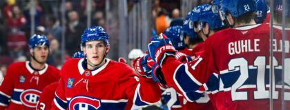 Montreal Canadiens defenseman Lane Hutson (48) celebrates with his teammates at the bench his goal against the Buffalo Sabres during the first period at Bell Centre. Mandatory Credit: David Kirouac-Imagn Images