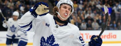 Toronto Maple Leafs left wing Gavin McKenna (92) celebrates a goal against the Utah Mammoth during the third period at Delta Center. Mandatory Credit: Rob Gray-Imagn Images