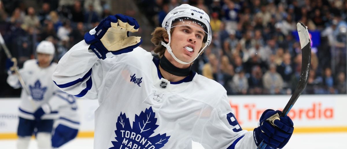 Toronto Maple Leafs left wing Gavin McKenna (92) celebrates a goal against the Utah Mammoth during the third period at Delta Center. Mandatory Credit: Rob Gray-Imagn Images