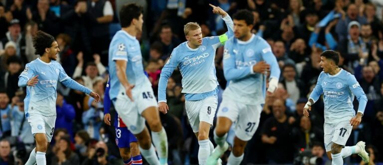 UEFA Champions League - Manchester City v Paris St Germain - Etihad Stadium, Manchester, Britain - October 14, 2026 Manchester City's Erling Haaland celebrates scoring their first goal REUTERS/Phil Noble