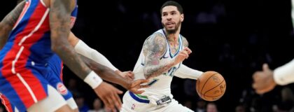Minnesota Timberwolves guard LaMelo Ball (1) brings the ball up court against the Detroit Pistons in the third quarter at Target Center. Mandatory Credit: Bruce Kluckhohn-Imagn Images