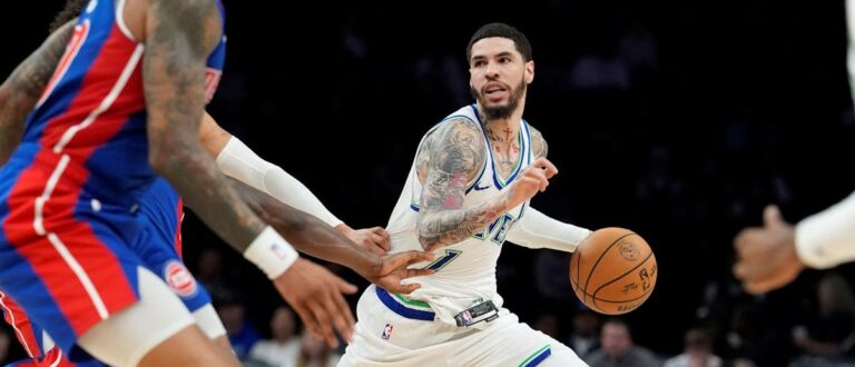 Minnesota Timberwolves guard LaMelo Ball (1) brings the ball up court against the Detroit Pistons in the third quarter at Target Center. Mandatory Credit: Bruce Kluckhohn-Imagn Images