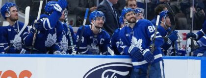 Toronto Maple Leafs right wing Kirill Marchenko (86) looks up at the video board after scoring his third goal against the Buffalo Sabres during the second period at Scotiabank Arena. Mandatory Credit: Nick Turchiaro-Imagn Images