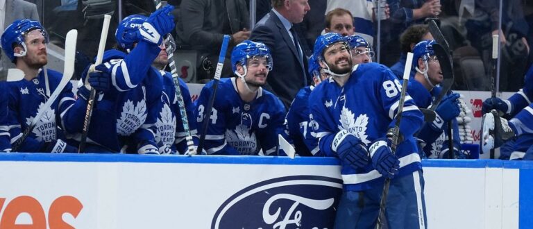 Toronto Maple Leafs right wing Kirill Marchenko (86) looks up at the video board after scoring his third goal against the Buffalo Sabres during the second period at Scotiabank Arena. Mandatory Credit: Nick Turchiaro-Imagn Images