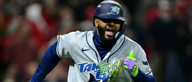 Tampa Bay Rays infielder Junior Caminero (13) runs and reacts after hitting an RBI double to left field against Cleveland Guardians pitcher Daniel Espino (not pictured) during the sixth inning in game four of the ALCS for the 2026 MLB Playoffs at Progressive Field. Mandatory Credit: David Dermer-Imagn Images