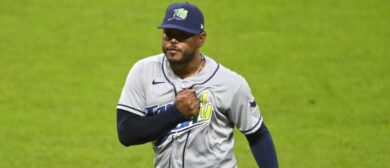 Tampa Bay Rays pitcher Freddy Peralta (51) reacts after pitching against the Cleveland Guardians during the sixth inning in game four of the ALCS for the 2026 MLB Playoffs at Progressive Field. Mandatory Credit: David Richard-Imagn Images