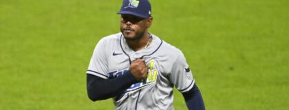 Tampa Bay Rays pitcher Freddy Peralta (51) reacts after pitching against the Cleveland Guardians during the sixth inning in game four of the ALCS for the 2026 MLB Playoffs at Progressive Field. Mandatory Credit: David Richard-Imagn Images