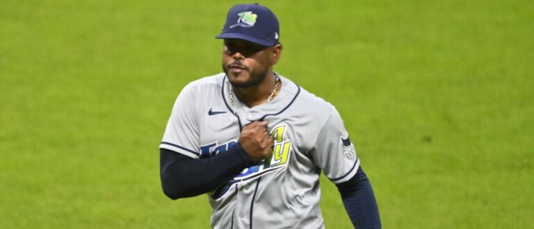 Tampa Bay Rays pitcher Freddy Peralta (51) reacts after pitching against the Cleveland Guardians during the sixth inning in game four of the ALCS for the 2026 MLB Playoffs at Progressive Field. Mandatory Credit: David Richard-Imagn Images