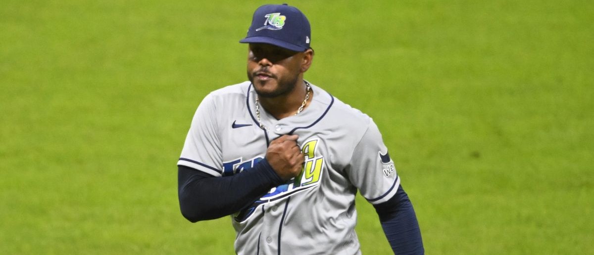 Tampa Bay Rays pitcher Freddy Peralta (51) reacts after pitching against the Cleveland Guardians during the sixth inning in game four of the ALCS for the 2026 MLB Playoffs at Progressive Field. Mandatory Credit: David Richard-Imagn Images