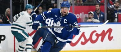 Toronto Maple Leafs forward Auston Matthews (34) pursues the play against the San Jose Sharks in the third period at Scotiabank Arena. Mandatory Credit: Dan Hamilton-Imagn Images