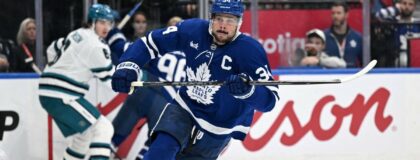 Toronto Maple Leafs forward Auston Matthews (34) pursues the play against the San Jose Sharks in the third period at Scotiabank Arena. Mandatory Credit: Dan Hamilton-Imagn Images