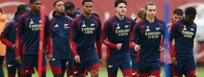 UEFA Champions League - Arsenal Training - Arsenal Training Centre, London Colney, Britain - October 20, 2026 Arsenal's Declan Rice, Gabriel and Riccardo Calafiori with teammates during training Action Images via Reuters/Peter Cziborra